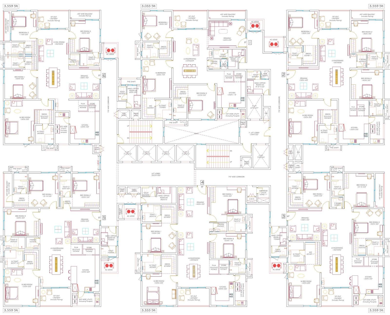 DSR Hyven Block A typical floor plan — six apartments around a central core of lifts, staircases and lobby