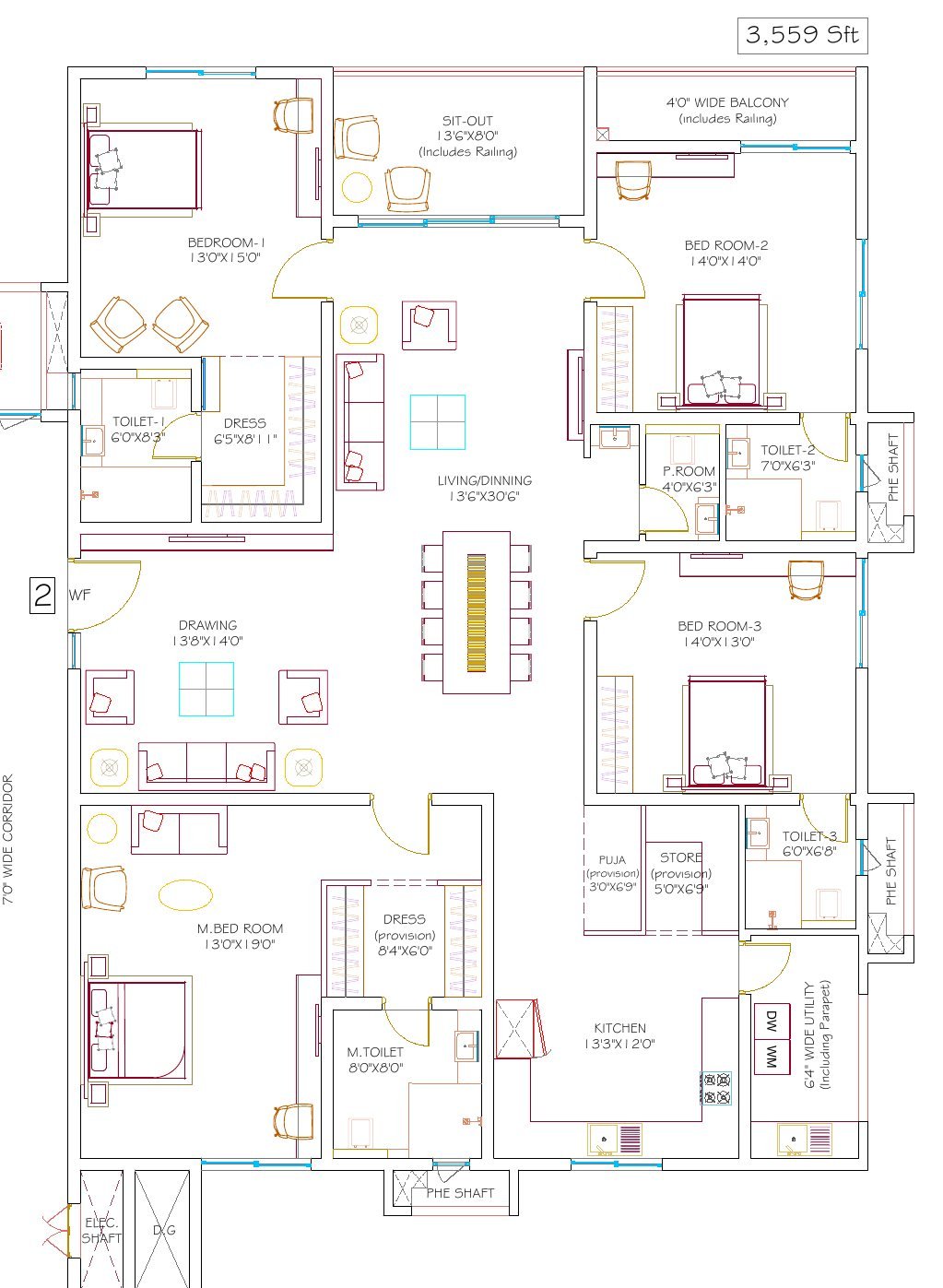 DSR Hyven Block A unit 2 floor plan — 3,559 sft, with room dimensions