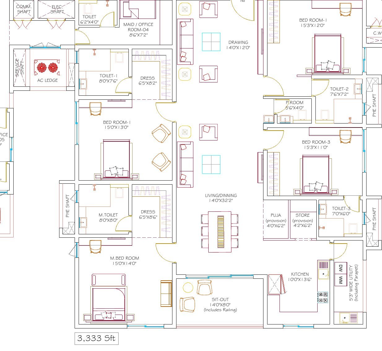 DSR Hyven Block A unit 4 floor plan — 3,333 sft, with room dimensions