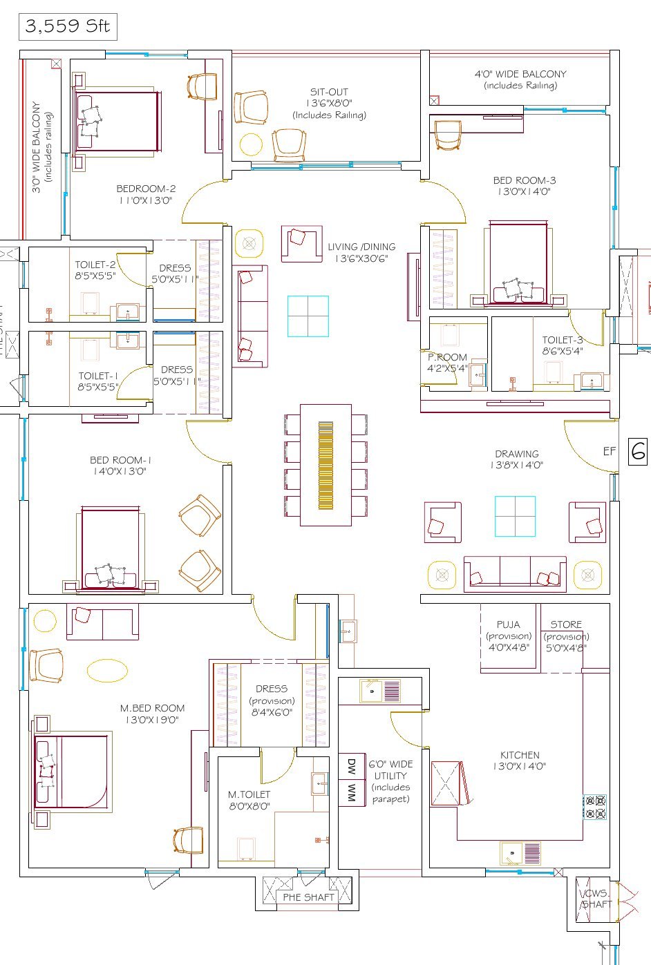 DSR Hyven Block A unit 6 floor plan — 3,559 sft, with room dimensions