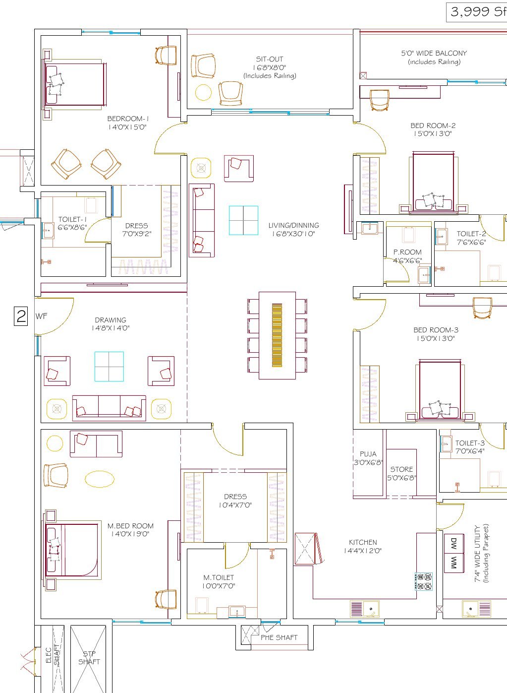 DSR Hyven Block B unit 2 floor plan — 3,999 sft, with room dimensions