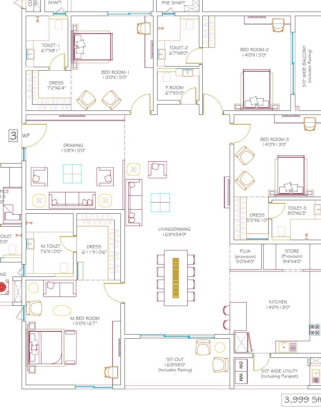 DSR Hyven Block B unit 3 floor plan — 3,999 sft, with room dimensions