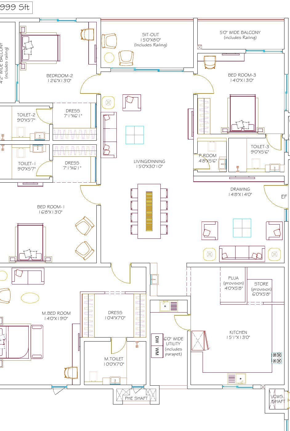 DSR Hyven Block B unit 6 floor plan — 3,999 sft, with room dimensions