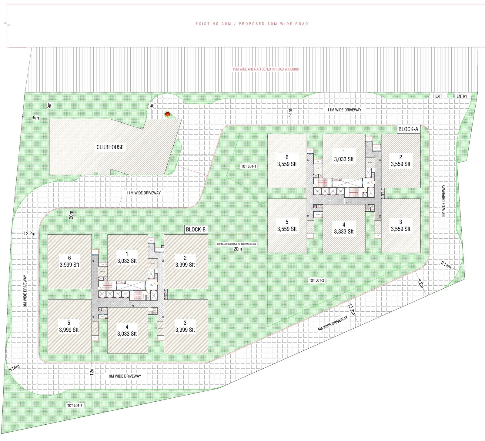 DSR Hyven site plan — Block A (east) and Block B (west) with unit numbers and saleable areas, clubhouse north-west, 11 m and 9 m driveways, three tot lots, entry and exit on the 30 m road